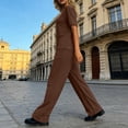 thumbnail image 5 of Athletic Outfit Sets 2 Piece Women Solid Oversized Crew Neck Short Sleeve Top Drawstring Wide Leg Pants Brown S, 5 of 8