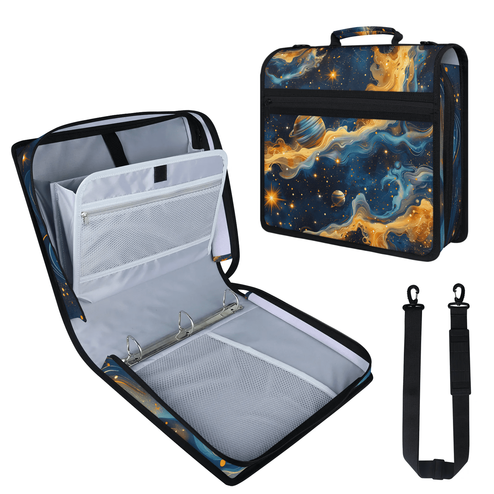 Herdesigns Outer Space Zipper Binder 1.5 Inch 3 D-Rings with Shoulder Strap & Handle, Waterproof Universe Planet Rocket Binder Organizer Bag for 13 Inch Laptop