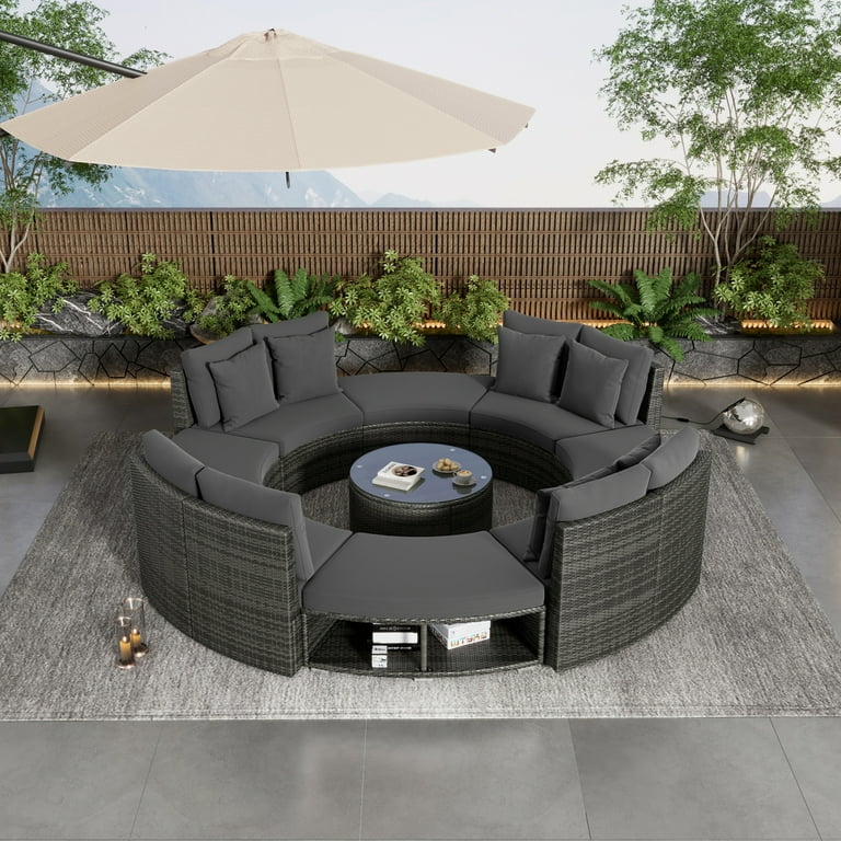 9 Piece Outdoor Patio Furniture Set Round Patio Conversation Set with Large Half Moon Storage Rattan Wicker Sectional Sofa Set Glass Coffee Table 6 Pillows for Backyard Patio Garden Gray Walmart