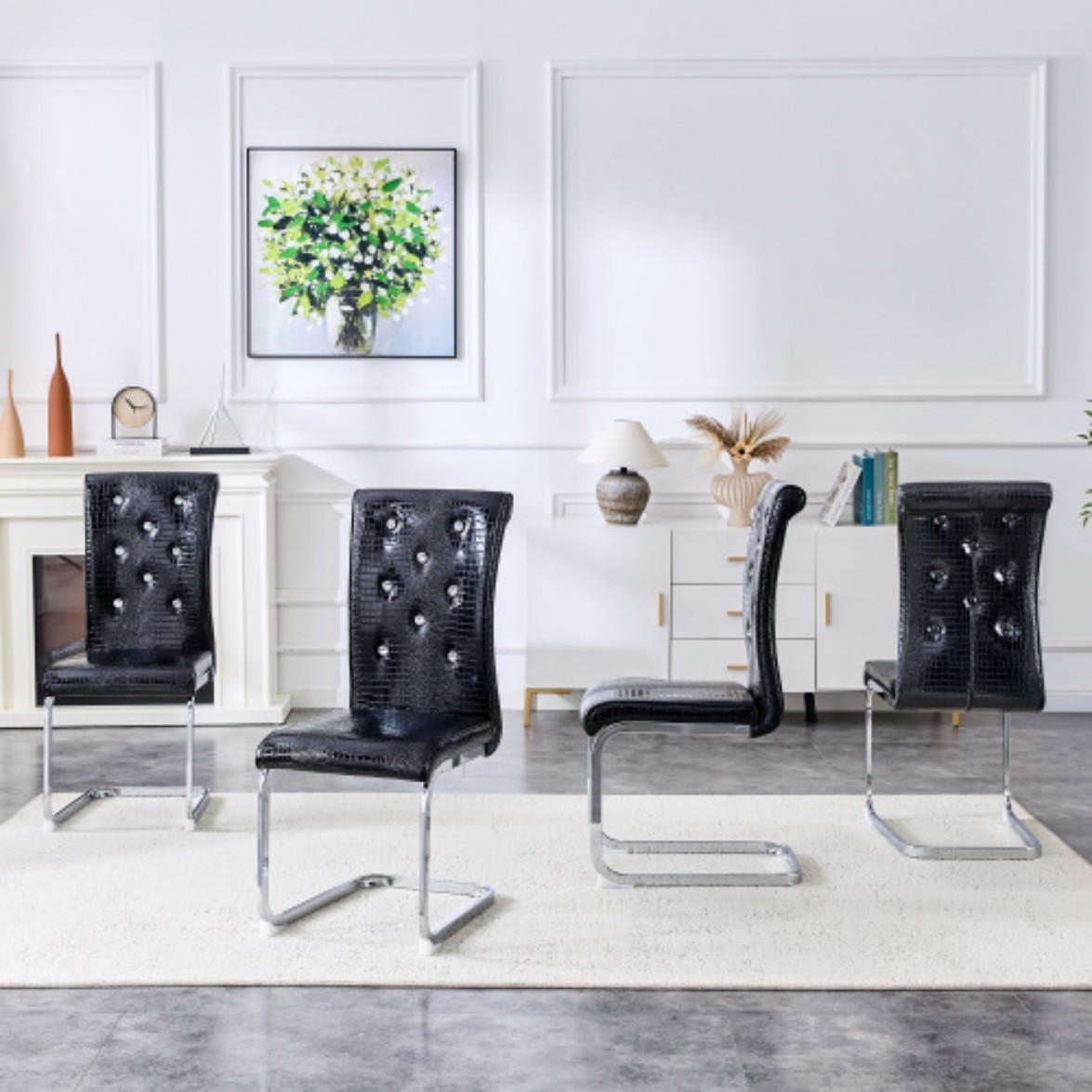 Set of 4 Retro Dining Chairs, Faux Alligator Leather Upholstered Chairs with Crystal Button Details & Electroplated Metal Legs, 400 LBS, Black & Silver