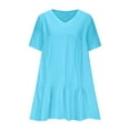 thumbnail image 4 of Fartey Cotton Linen Mini Dresses for Women Plus Size Summer Short Sleeve V Neck Dress with Pockets Loose Casual Solid Color Beach Vacation Sundress Sky Blue XL, 4 of 8