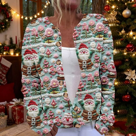 Womens Christmas Sweater Cardigan Holiday Long Sleeve Open Front Xmas Sweaters Trendy Graphic Button Down Cardigans Warm Cute Winter Outfits