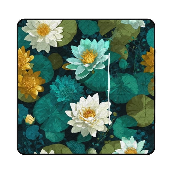 Teal Water Lilies Lush Green Leaves Waterproof Picnic Blanket with Foldable Zipper, Suitable for Outdoor Use, Suitable for Travel, Camping, Beaches, Parks, Grasslands, Picnic Blanket Accessories