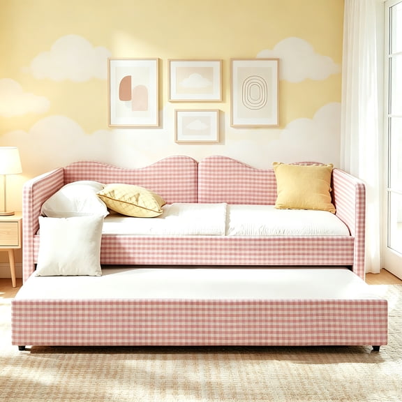 AUU Twin-Size Gingham Upholstered Daybed with Pull-Out Trundle & Side Storage Pocket – Solid Wood Frame Multi-Functional Sofa Bed for Guest Room, Bedroom, or Dorm