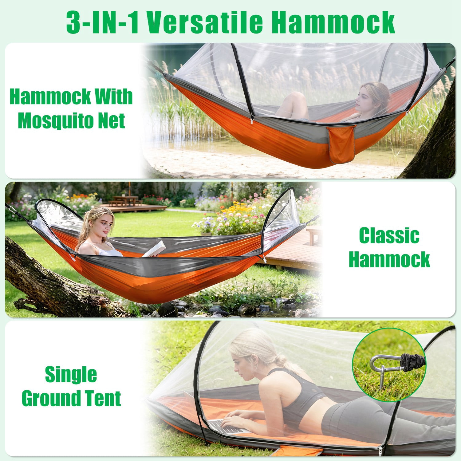 Pop-Up Mosquito Net Camping Hammock 3-in-1 Dual Zipper Hammock Tent, Lightweight 70D Nylon Portable Single Hammock Holds 440LBS with Side Pocket for Hiking Backpacking