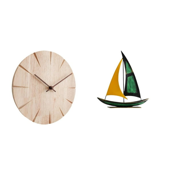 Reloj de pared redondo,Reloj de pared de madera para decoración de sala de estar,Reloj de pared de madera para dormitorio creativo,Figura de velero,Escultura de velero de hierro para