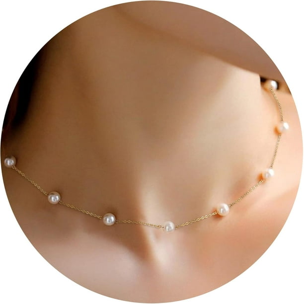 WeiHuan Toys Store Collar de Perlas Doradas, Gargantilla de Perlas, Collares de Perlas de 55,5 cm para Mujer, Gargantilla de Oro Delicada, Collares de Playa para niñas, joyería de Cuentas Ajustable pa