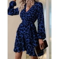 thumbnail image 5 of Leopard Glitter Dress Cheetah Ruffle Belted V Neck A Line Long Sleeve Elegant Casual Dress Blue L, 5 of 9