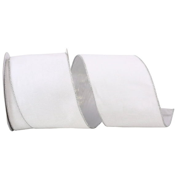 Reliant Ribbon - 93187W-981-10F, Plush Metallic Backed Velvet Wired Edge Ribbon, White/silver, 4 Inch, 10 Yards