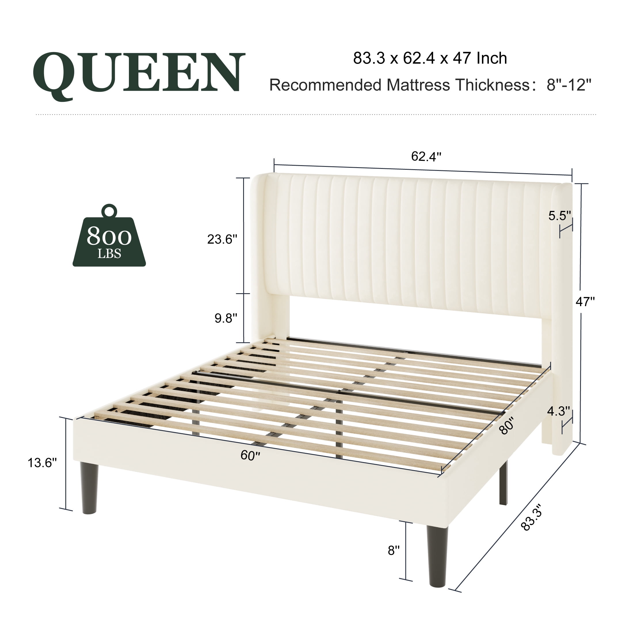 Amolife Queen Size Velvet Upholstered Bed with Wingback Headboard, Cream
