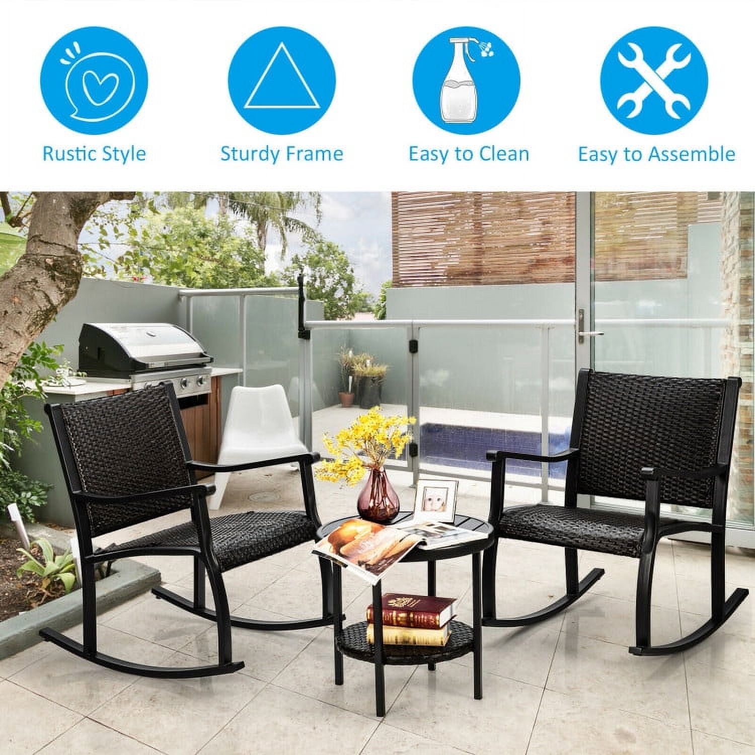 Aimee Lii 3 Pieces Wicker Patio Furniture Set with Coffee Table and Rocking Chairs, Small Patio Set