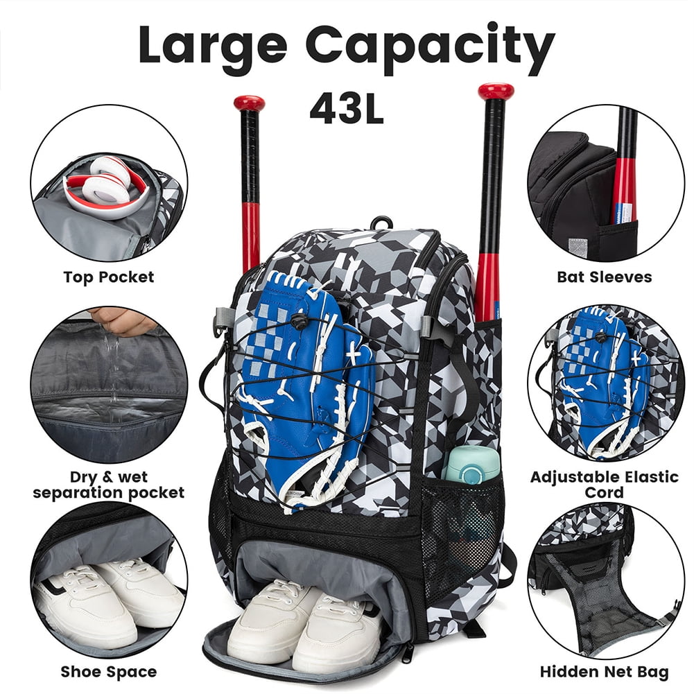 HUISZJ 43L Baseball Bag, Large Baseball Backpack with Side Pockets, Durable Softball Backpack with Shoe Compartment, Style 3