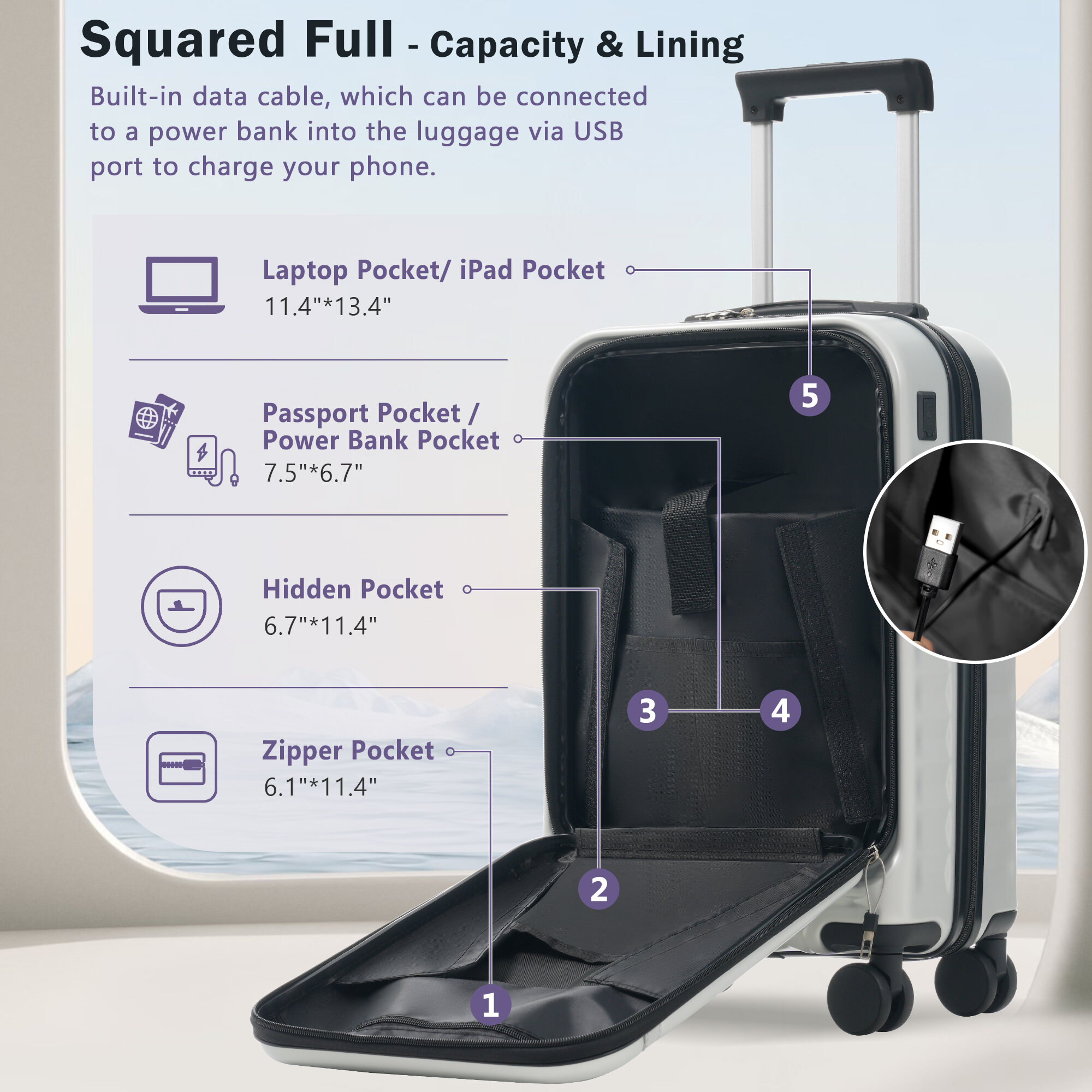 Hard Shell Luggage Front Opening Luggage Set 3 Piece, Hardside Carry on Suitcase with USB Port, Expandable Luggage with Handle Bag Spinner Wheels TSA Lock,Carry On Hard Shell Luggage
