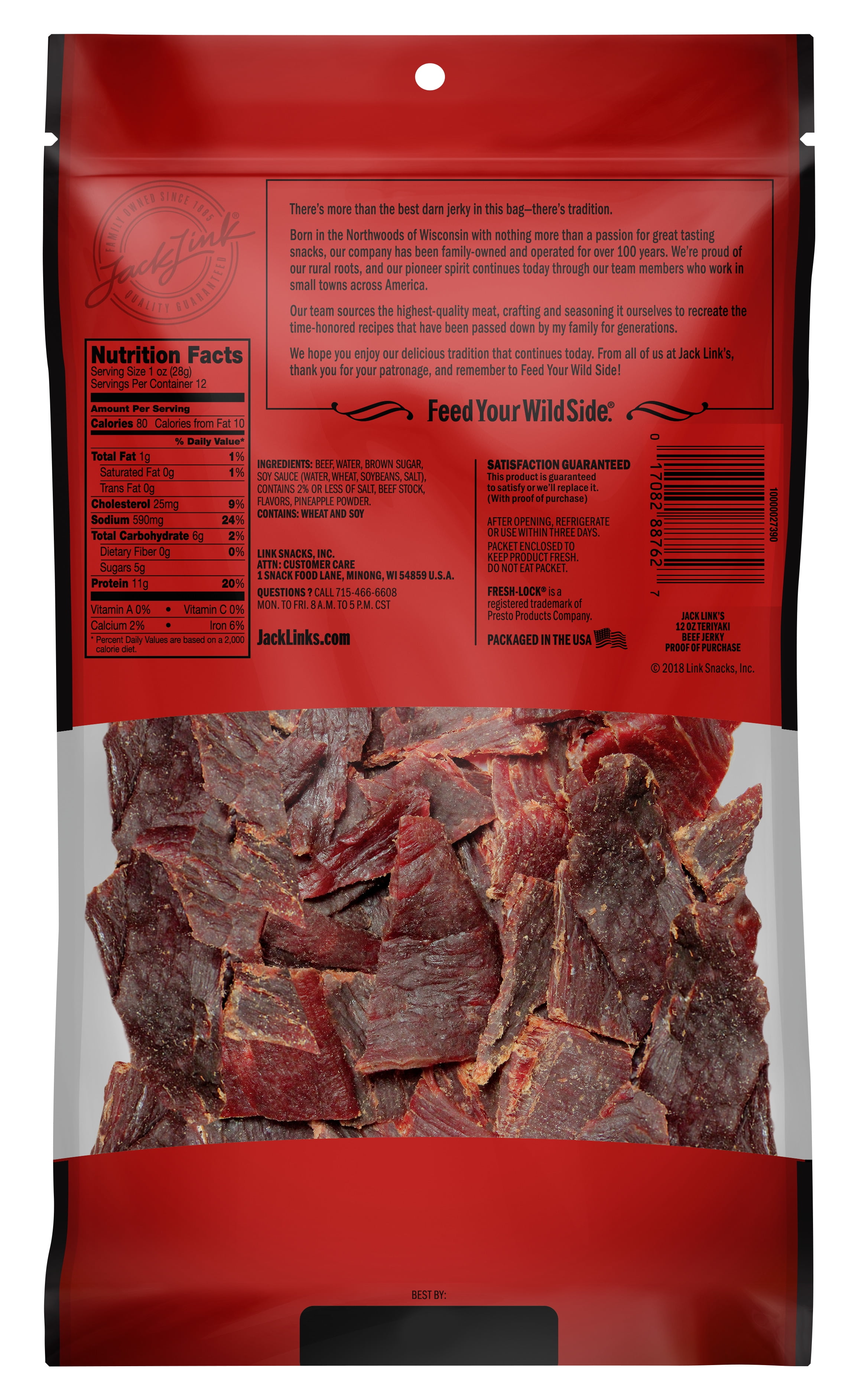 Jack Link's 100% Beef Teriyaki Beef Jerky 12oz Resealable Bag