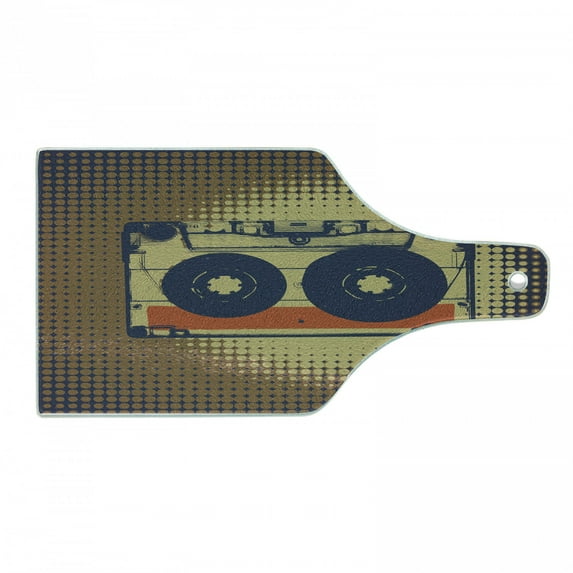 70s Party Cutting Board, Audiocassette Retro Music Theme Pop Art Vintage Obsolete Happy Vibes, Tempered Glass Cutting and Serving Board, Wine Bottle Shape, Night Blue Tan Orange, by Ambesonne