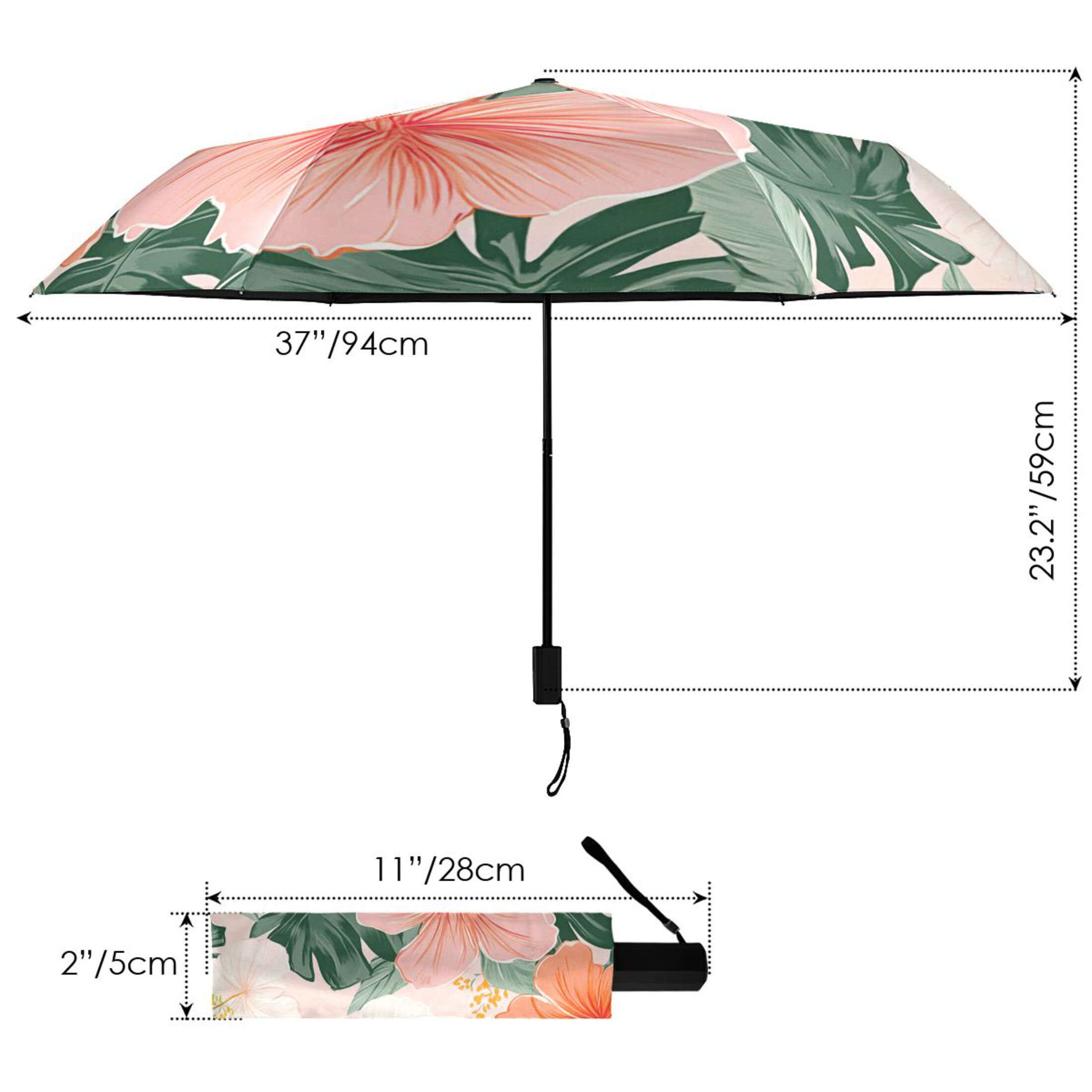 Colorful Hibiscus Florals Palm Leaves Hawaii All Weather Umbrella Triple Folding Parasol 6 Ribs UV Protection Portable