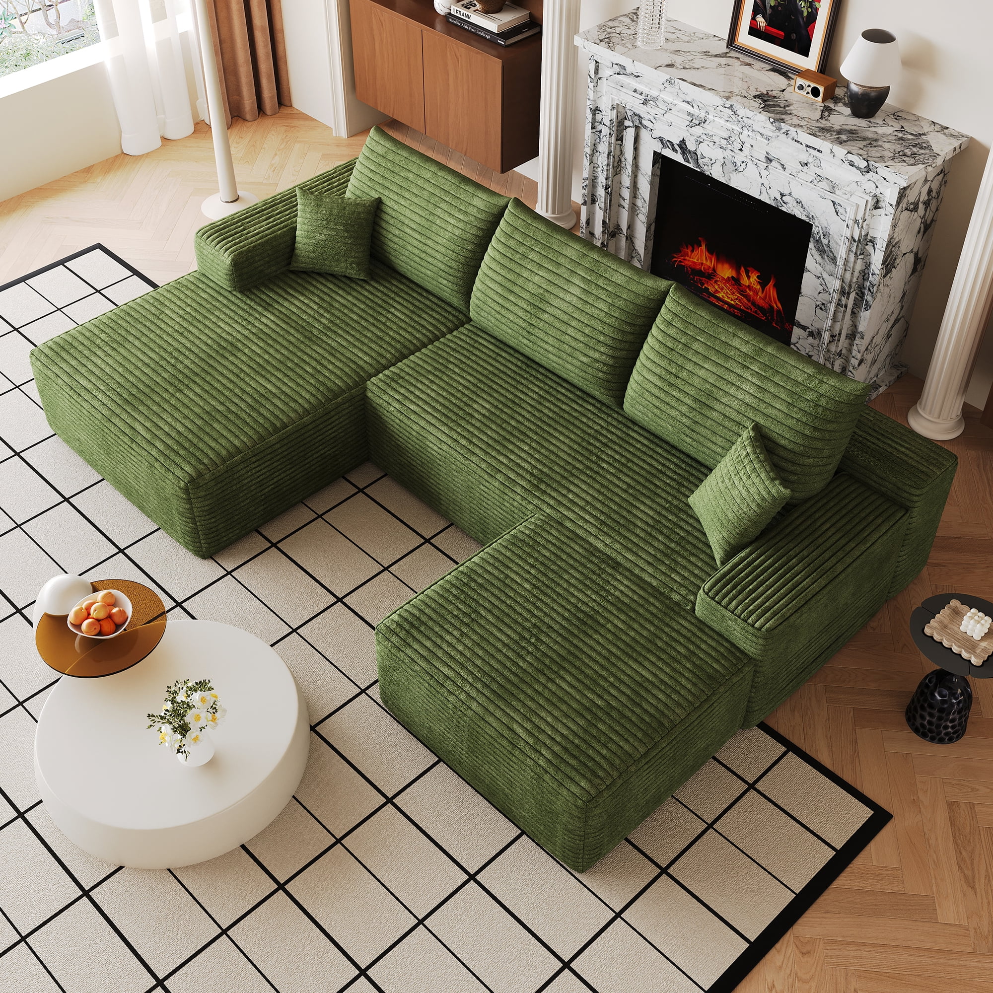 Cloud Sectional Sofa 107 Inch, U-Shaped Modular Couch with Ottoman and Corduroy Fabric, Deep Seat Corner Sofa for Living Room, No Assembly Required, Green