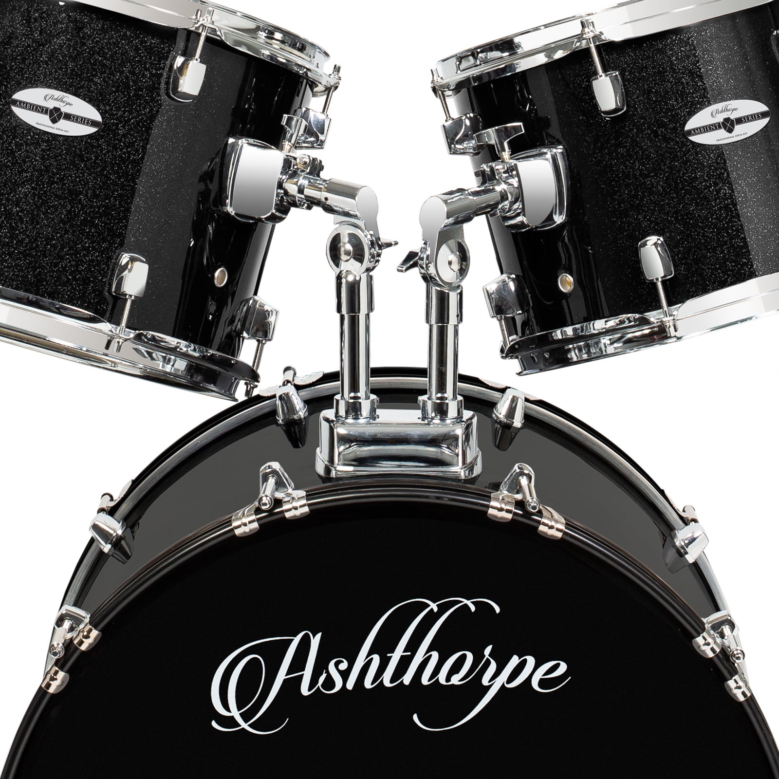 Ashthorpe 5-Piece Full-Size Adult Drum Set with Remo Drumheads & Premium Brass Cymbals - Black