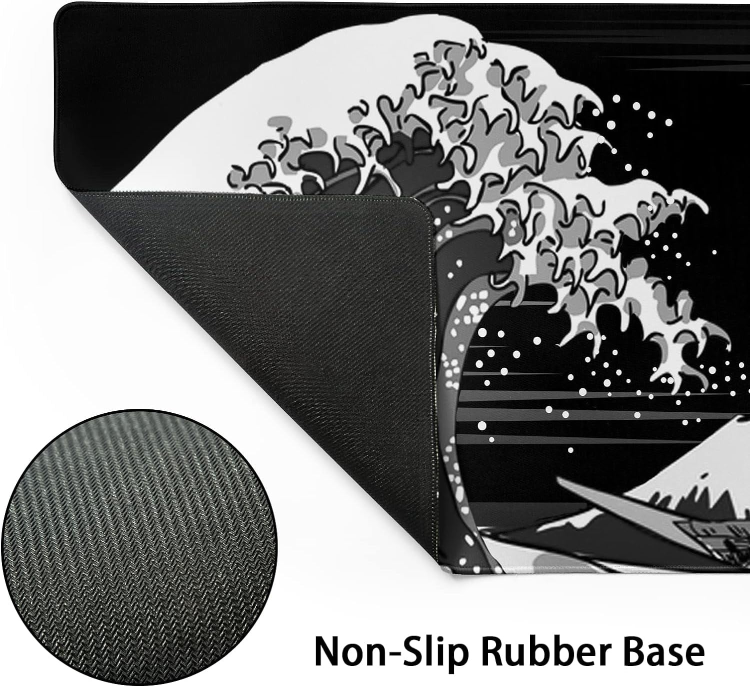 Japanese Sea Wave Large Mouse Pad Abstract Black Sea Wave Texture Mouse Pad Non-Slip Rubber Base Large Gaming Mousepad, Kanagawa Stitched Edges PC Keyboard Desk Mat for Home Office 35.4 x 15.7 Inch