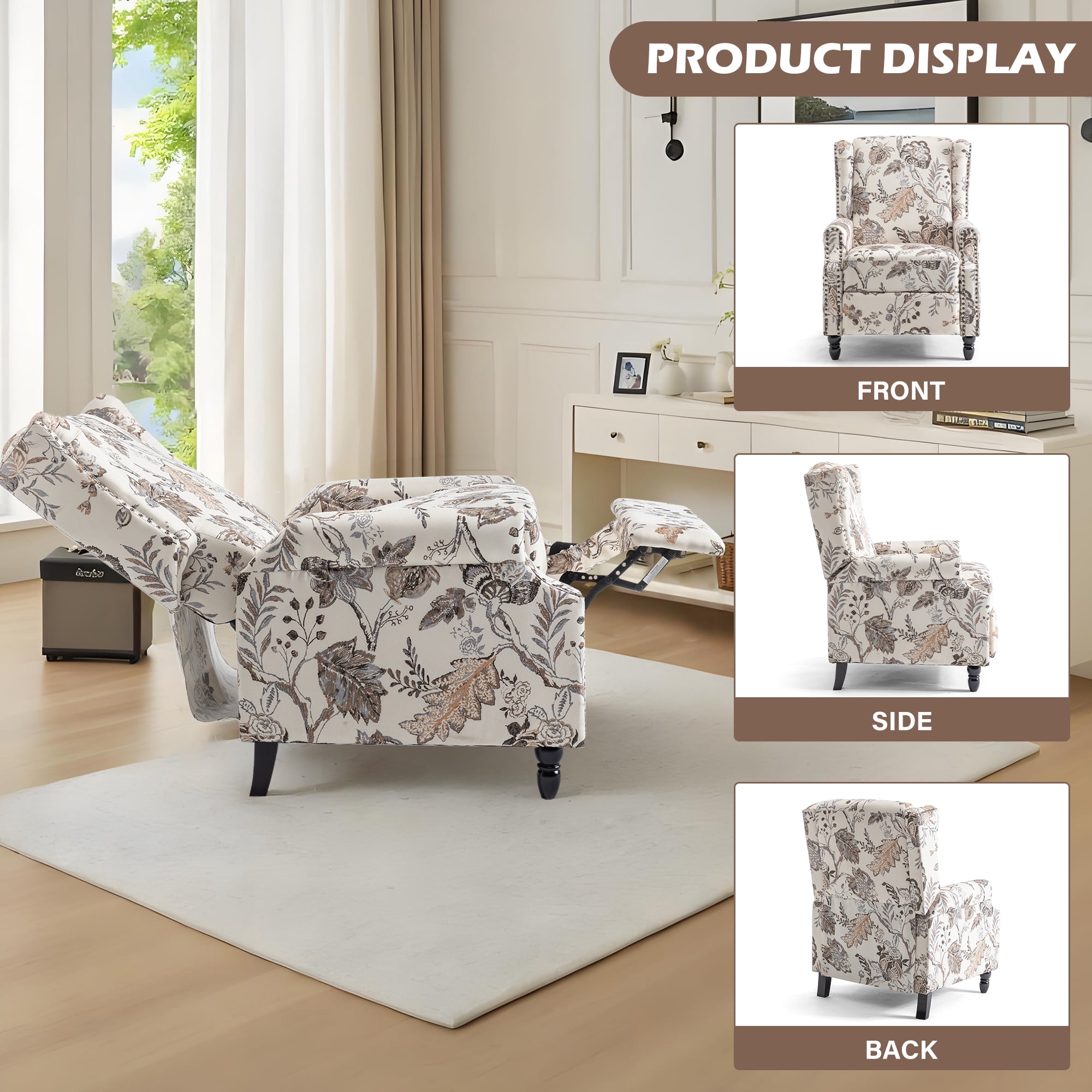 UIXE Floral Pushback Recliner Chair, Fabric Upholstered Armchair Push Back Accent Chair for Living Room, Rivet Trim Club Chair Home Theater Single Sofa Reading Seat, Plants Beige