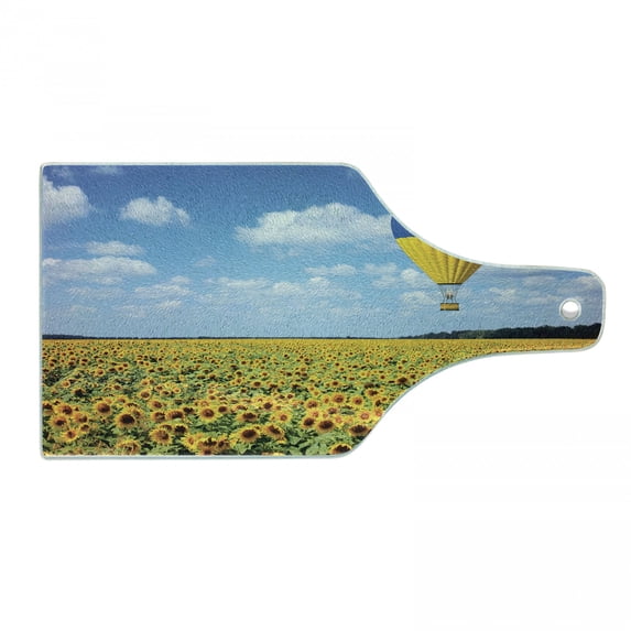 Hot Air Balloon Cutting Board, Photo of Sunflower Fields Clouds Sky Trees, Decorative Tempered Glass Cutting and Serving Board, in 3 Sizes, by Ambesonne