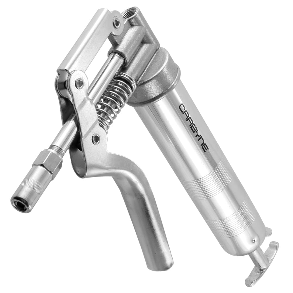 Carbyne Mini Grease Gun, Pistol Grip, 3000 Psi, Knurled Steel Barrel, 12 in. Flex Hose, 4 in. Rigid Tube, Coupler, 2-Way Loading, 3 Oz Capacity