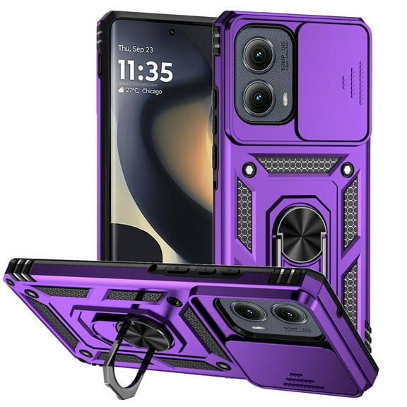 Dteck Phone Case for Motorola Moto G Edge 2024 Case, Magnetic Slide Lens Cover Shockproof Ring Kickstand Military Grade Phone Case for Moto G Edge 2024, Purple
