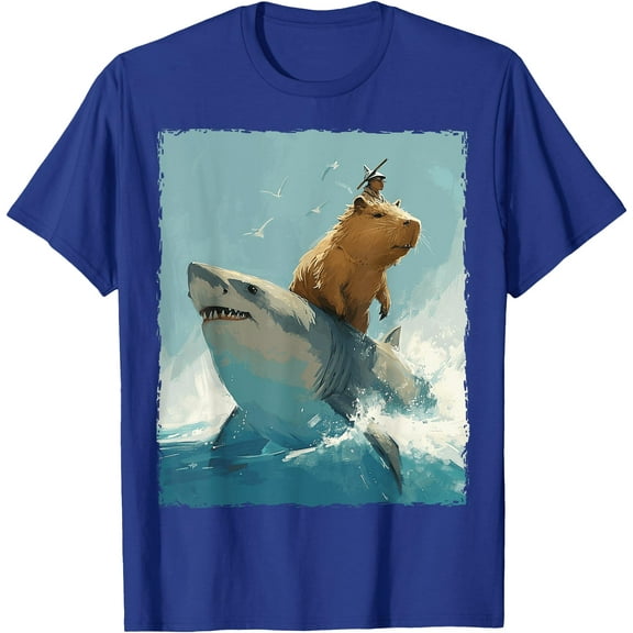 Funny Capybara Riding Shark Graphic Unisex T-Shirt for Men Women Kids Toddler
