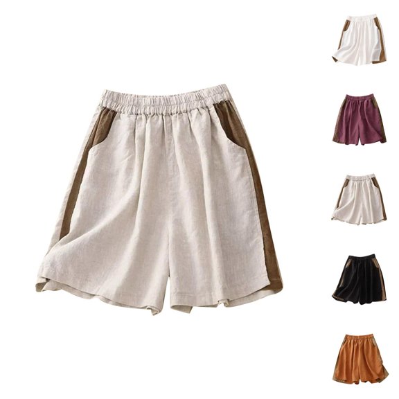Bermuda Shorts for Women Cotton Linen Lightweight Elastic Waist Wide Leg Loose Fit Flowy Beach Shorts with Pockets
