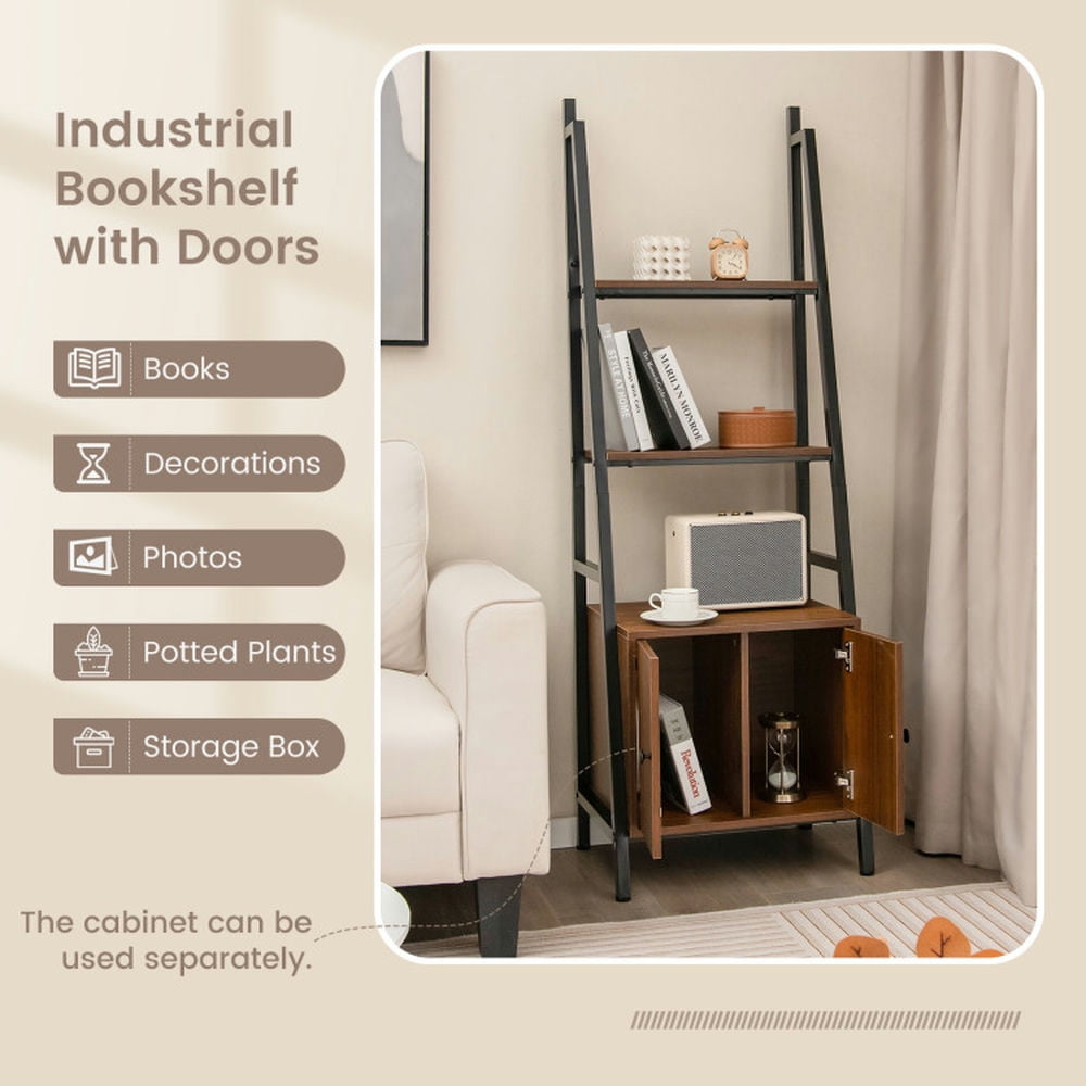 Demi Bonn 4-Tier Ladder Bookshelf with Cabinet and Metal Frame, Free Standing Bookcase, Brown