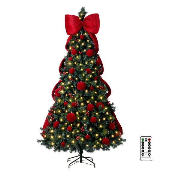 Ktaxon 7.5 FT Pre-Lit Christmas Tree,Artificial Tree with Ornaments 1600 Branch Tips, 300 Lights and Remote Control 8 Modes