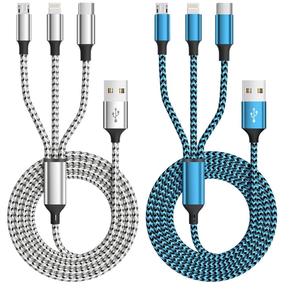 Multi Charging Cable(2Pack 4FT), 3 in 1 Charging Cable Nylon Braided Universal Charger Phone Charger Cord with Type-C,Micro USB,IP Port for iPhone16/15 Series/Phone&Pad-Blue Gray