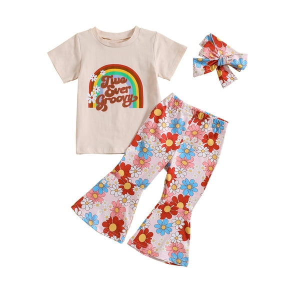 Bagilaanoe 3pcs Toddler Baby Girl Long Pants Set Letter Print Short Sleeve Romper / T-Shirts Tops   Floral Flare Trousers   Headband 18M 24M 3T 4T 5T Kids Casual Outfits