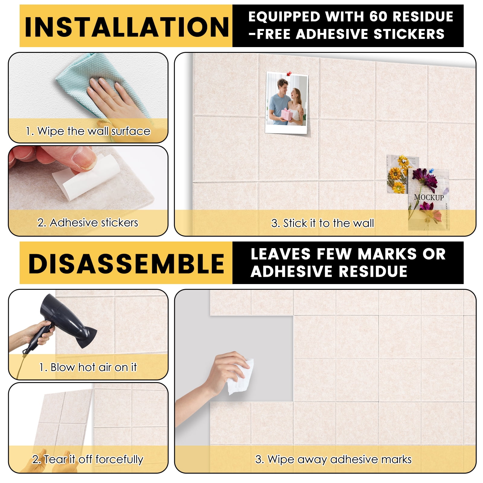 Threns Large Felt Bulletin Board,48" x 36" Cork Board Alternative-12 Pack with 60 Safe Removable Adhesive Tabs,Cork Boards for Walls Cork Board for Home Office Classroom Pin Board (Light Camel)
