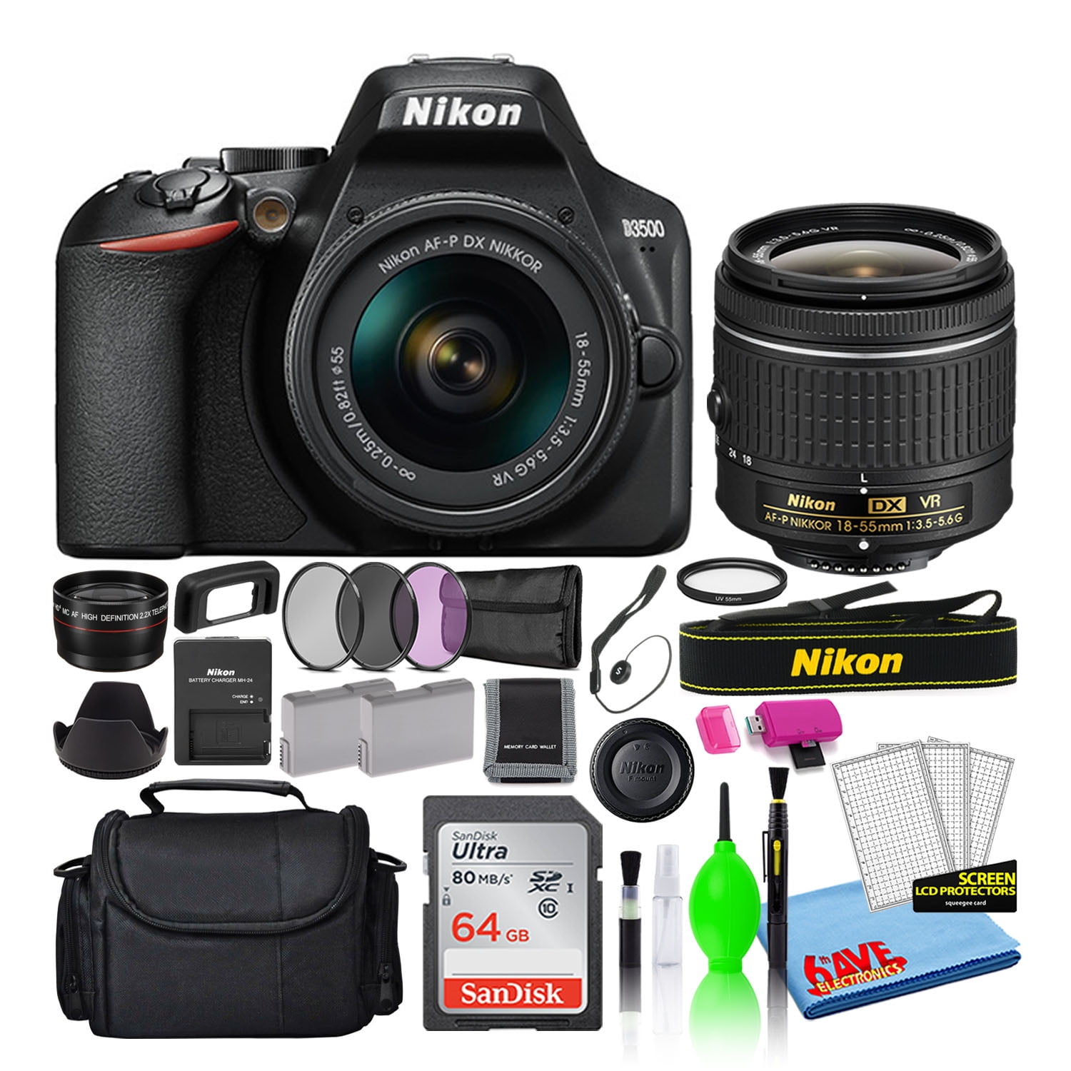 Nikon D3500 DSLR Camera Bundle with AF-P DX 18-55mm Lens 64GB SD Card Camera Bag Filter Kit Spare Battery & Telephoto Lens (International Model)
