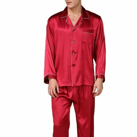

Blotona Men Long Sleeve Stain Sleepwear Long Sleeve Pajama Shirt with Pocket + Long Loose Louge Pants 2PCS Homewear Set
