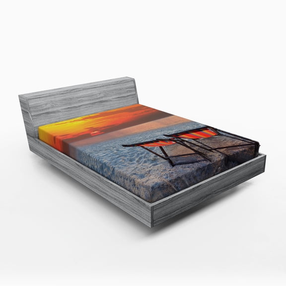 Ambesonne Nature Fitted Sheet, Beach with Colorful Sky, Full Size, Orange Red Grey