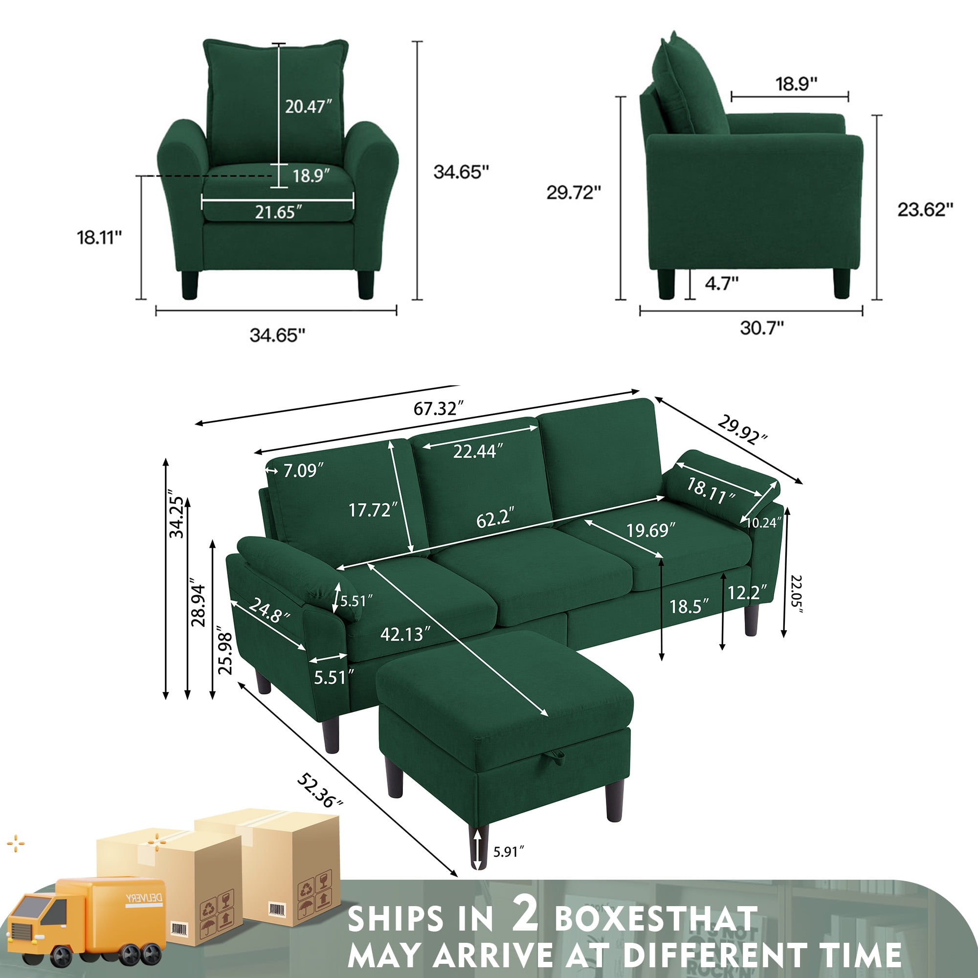 79" Convertible Sectional Sofa Set, Small L Shaped 3-Seat Couch with Reversible Chaise and Accent Chair, Modern Linen Sofas Couches for Living Room, Black
