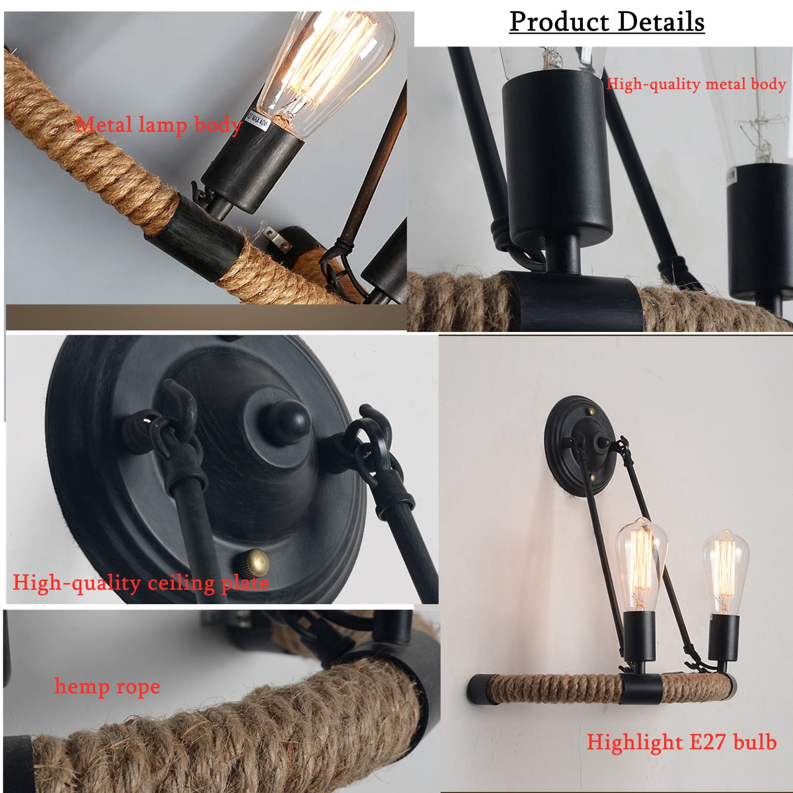 COOBATG Industrial Hemp Rope Wall Sconce, 15.7"x17" Black Metal Dual E27 Vintage Wall Lamp for Bar Hallway Bedroom Decor