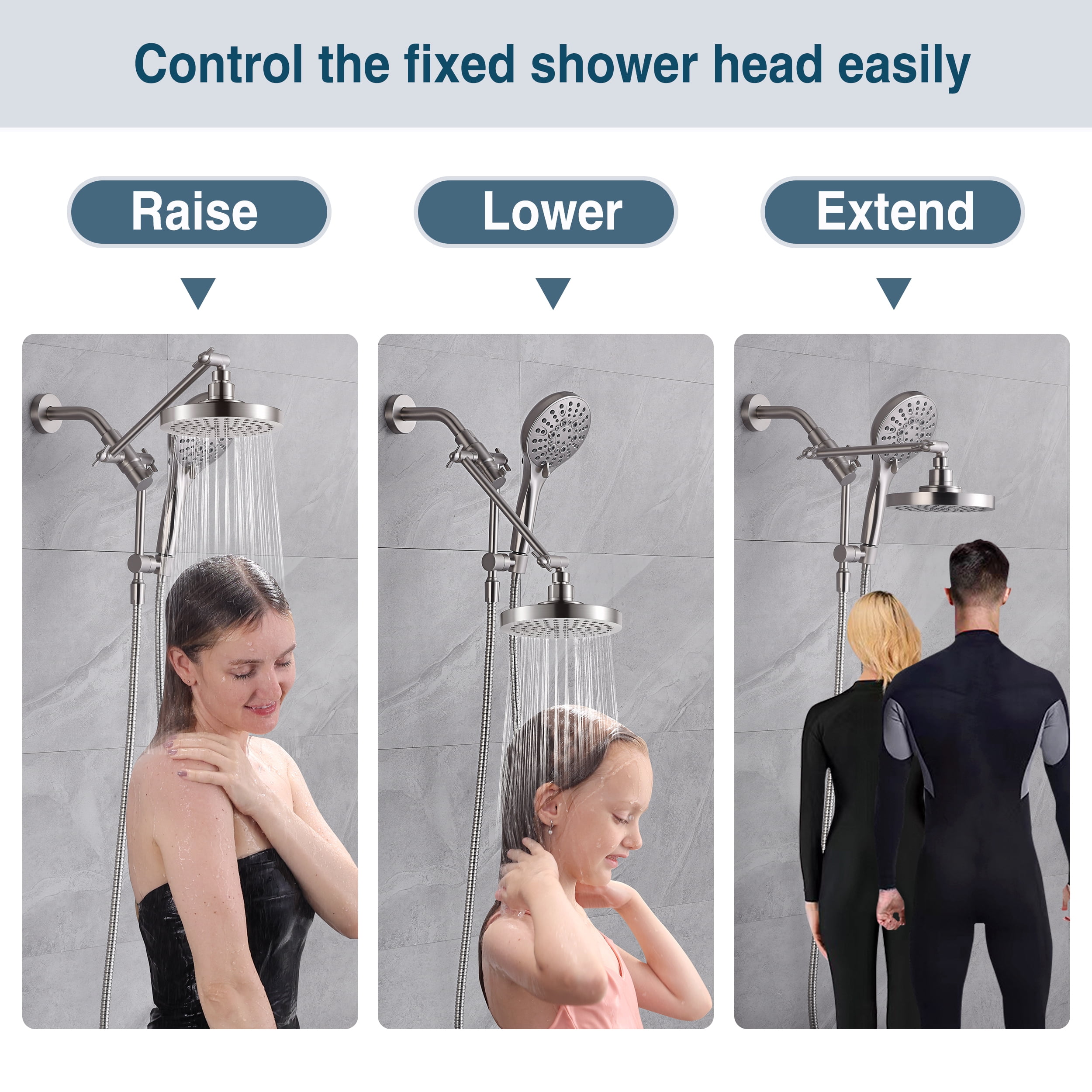 BRIGHT SHOWERS Rain Shower Head with Handheld Spray Built-in Power Wash, High Pressure Dual Shower Head with Adjustable Extension Arm, 3-Way Diverter, 9-Mode Handheld, 69” Long Hose, Brushed Nickel