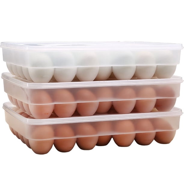 Paquete de 3 soportes para huevos cubiertos para refrigerador, dispensador de caja de almacenamiento de bandeja de huevos transparente, cartones de huevos de plástico apilables, 34 rejillas