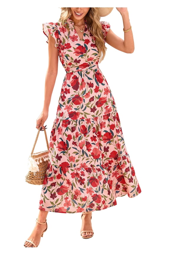 Women's Summer Floral Midi Dress Cap Sleeve V Neck Ruffle Long Flowy Boho Casual Beach Vacation Dresses
