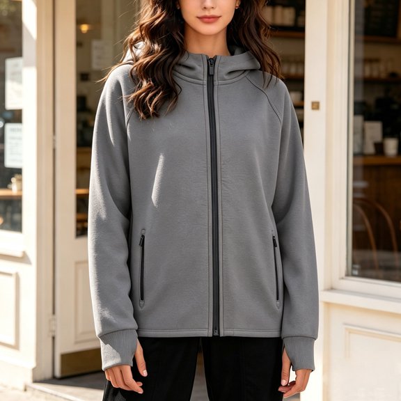BaoFuBaoMei Womens Sweatshirt Thumb Holes Plus Size Full Zip up Long Sleeve Hooded Neck Hoodies Solid Fall Winter Tops with Zip Pockets