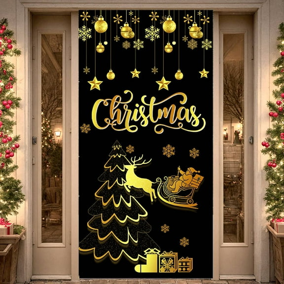 Christmas Door Cover Decorations Black Gold Merry Christmas Party Decorations Black Gold Tree Door Banner for Holiday Xmas Decoration Happy New Year Party Supplies