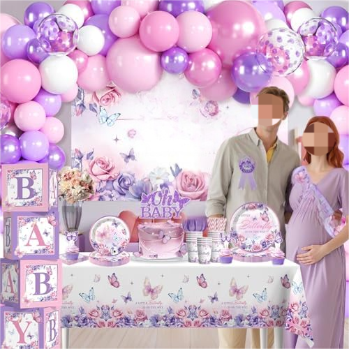 Butterfly Baby Shower Decorations Balloons Plates and Cups and Napkins Sets Purple Pink Sweet Baby Girl Baby Shower Themes A Little Butterfly is on Her Way Decorations for Girl