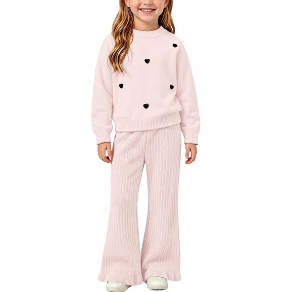 Cethrio Girls Knitted Outfit Sets, 2 Piece Long Sleeve Fall Crewneck Girls' Clothing Sets Pink Size 5T