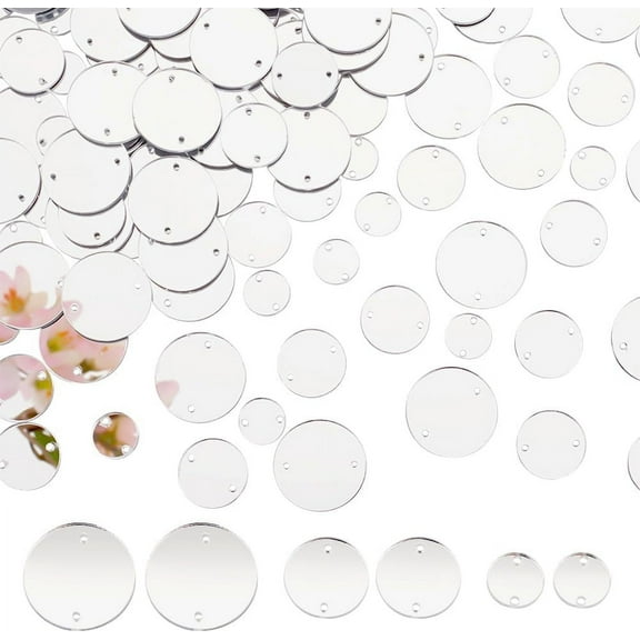 300pcs 3 Sizes Sew on Mirrors Acrylic Round Flat Back Mirror Beads 10/15/20mm Small Mirro with Hole Silver DIY Mirrored Rhinestones for Costume Clothes Dresses Garment Bags Shoes 1box