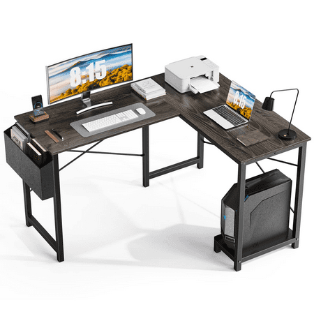L Shaped Desk with Side Storage Bag and CPU Stand Shelf for Home Office Computer 49 Inch Grey Wood