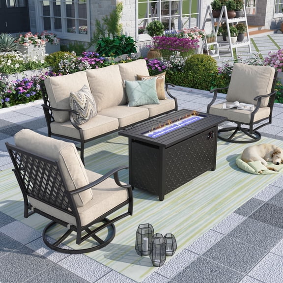 MF Studio 5 Seater Outdoor Patio Furniture Set with Fire Pit Metal Patio Conversation Set with Swivel Chair Sofa Beige