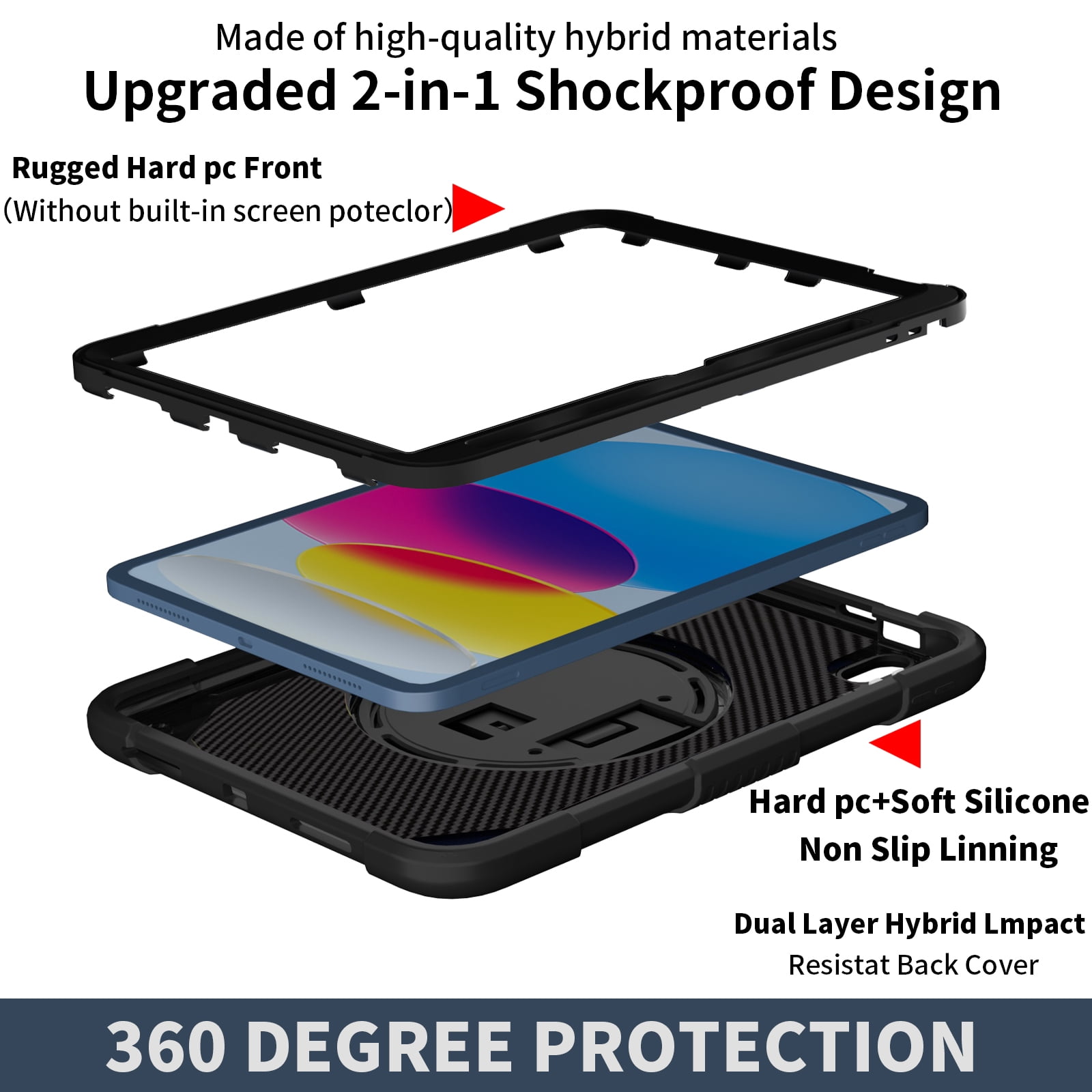 kids Case for iPad (A16) 11th Generation 11 Inch (2025), iPad 10th Generation 10.9 Inch (2022) Case, Military Grade Drop Protection with Hand/Shoulder Strap Rotating Stand Pencil Holder, Black